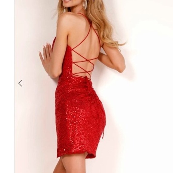 Lucci Lu Red Sequin Dress Size 6 Party Cocktail Mini Lace Up Back - Picture 1 of 7